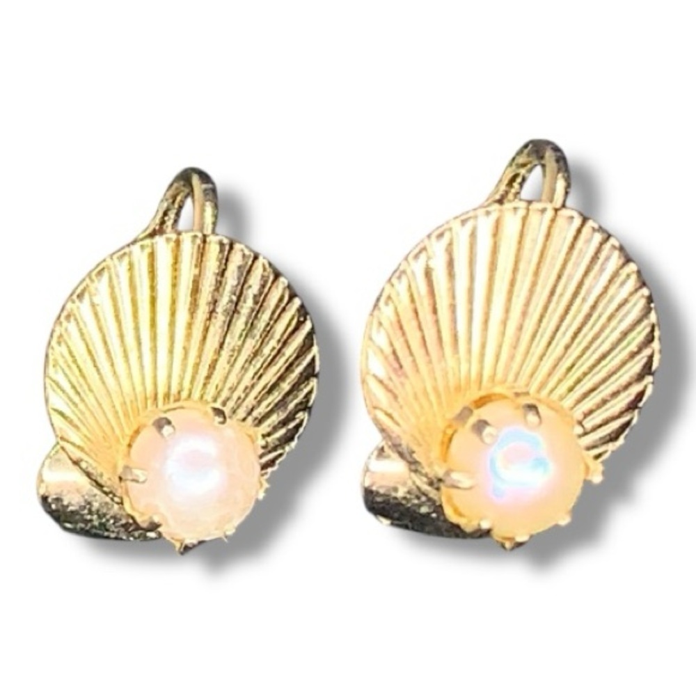 Vintage Coro Seashell Earrings Ivory Pearl Accent Yellow Gold Mermaid Gift